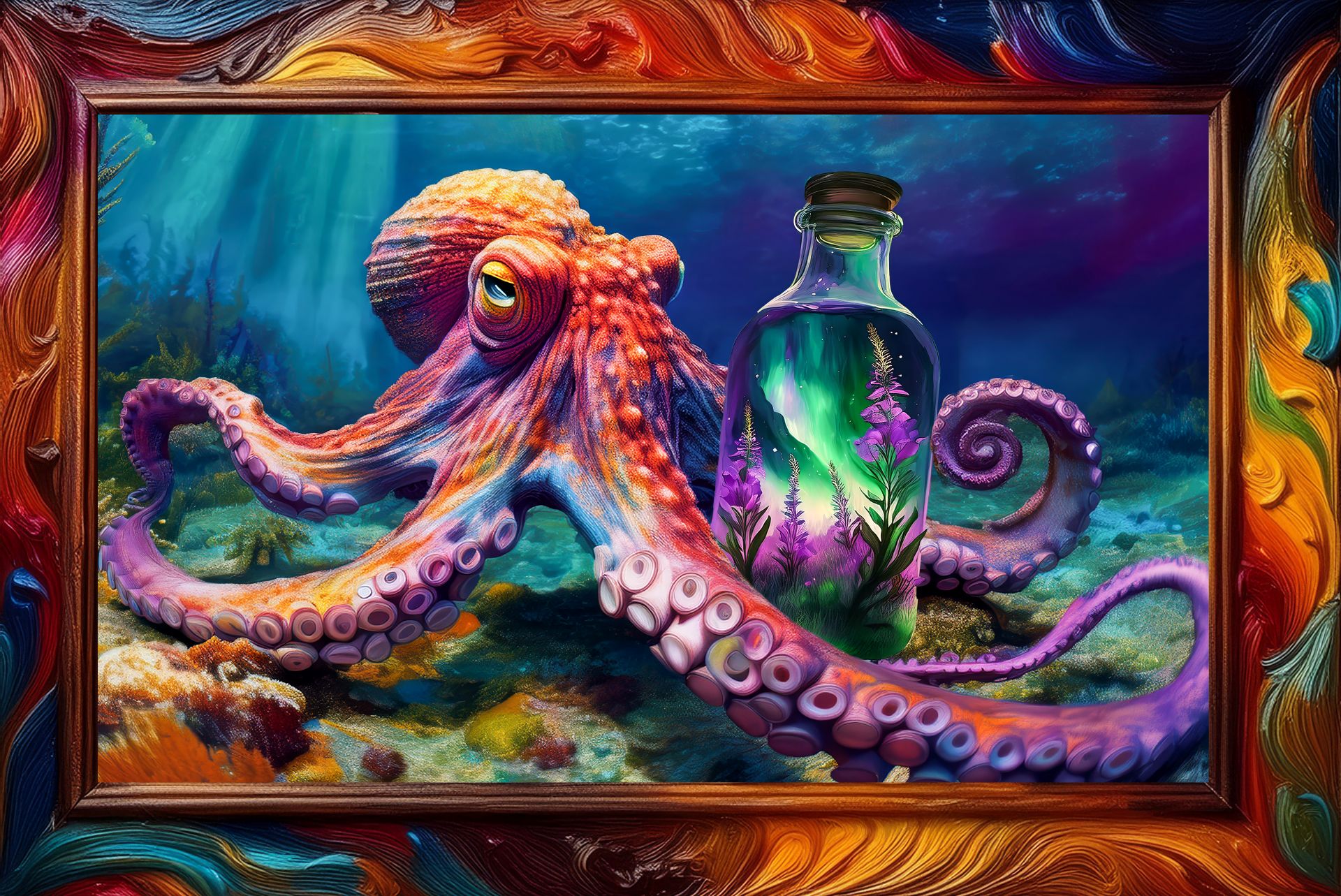 Octopus With Bottle Framed